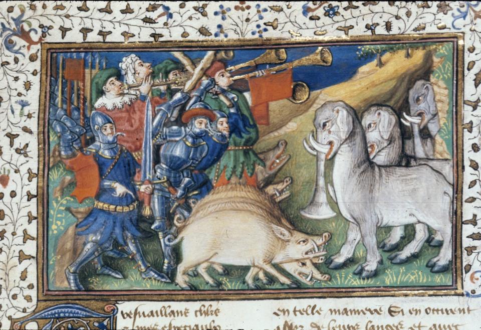 Alexander driving off elephants with pigs and musical instruments in a detail from a French illuminated manuscript from 1420. <a href="https://www.bl.uk/catalogues/illuminatedmanuscripts/ILLUMIN.ASP?Size=mid&IllID=46717" rel="nofollow noopener" target="_blank" data-ylk="slk:'Le Livre et le vraye hystoire du bon roy Alixandre,' The British Library;elm:context_link;itc:0;sec:content-canvas" class="link ">'Le Livre et le vraye hystoire du bon roy Alixandre,' The British Library</a>, <a href="http://creativecommons.org/licenses/by/4.0/" rel="nofollow noopener" target="_blank" data-ylk="slk:CC BY;elm:context_link;itc:0;sec:content-canvas" class="link ">CC BY</a>