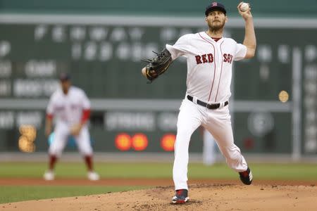 May 16, 2018; Boston, MA, USA; Boston Red Sox starting pitcher Chris Sale (41) delivers a pitch during the first inning against the Oakland Athleticst Fenway Park. Mandatory Credit: Greg M. Cooper-USA TODAY Sports