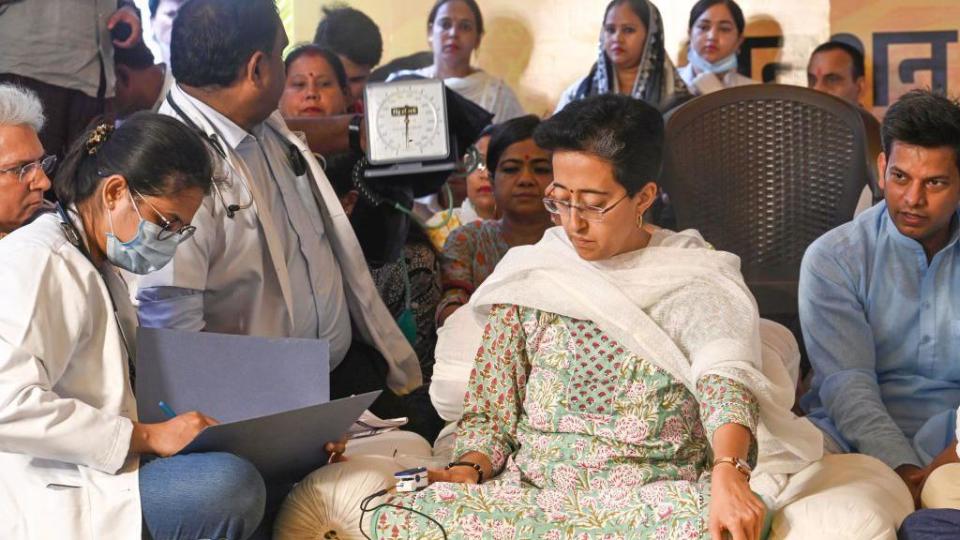 NEW DELHI, INDIA – JUNE 24: Delhi Minister Atishi during an indefinite hunger strike over the water crisis on June 24, 2024 in New Delhi, India. (Photo by Vipin Kumar/Hindustan Times via Getty Images)