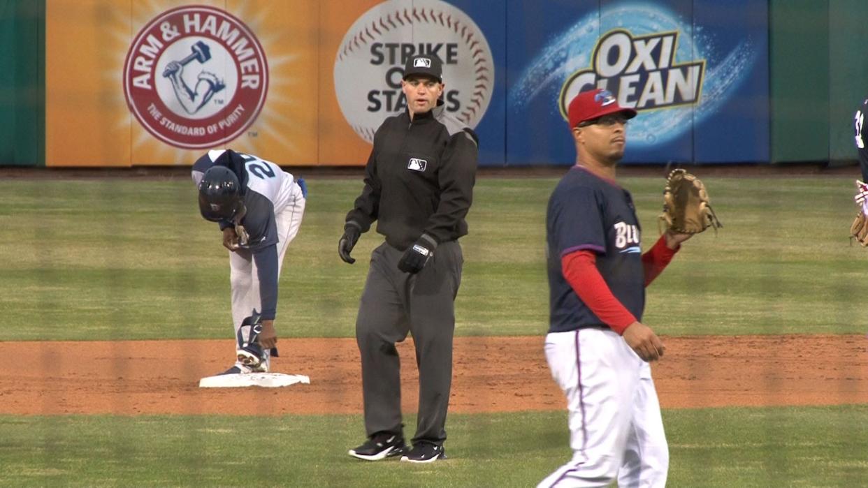 Connor Crowell works on the field during the BlueClaws vs. Brooklyn Cyclones game at ShoreTown Ballpark Wednesday evening, April 17, 2024. Connor is a 2015 graduate of Lacey High School who is now an umpire in the minor leagues.