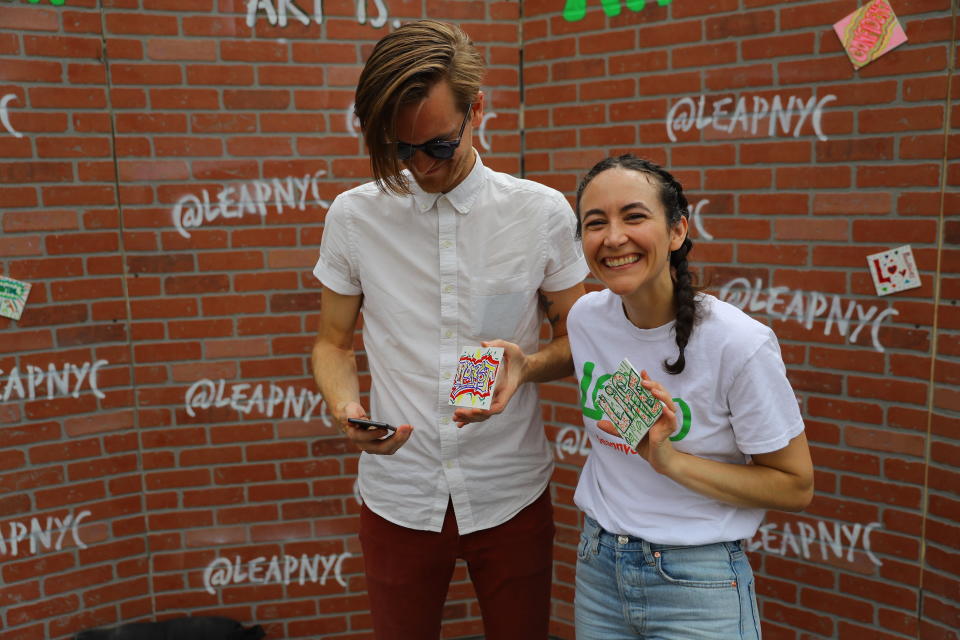 <p>Volunteers who are part of the LEAP Public Art Program’s citywide exhibition show their artistic skills in Union Square Park in New York City on June 5, 2018. (Photo: Gordon Donovan/Yahoo News) </p>