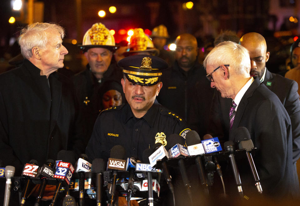 MILWAUKEE, WISCONSIN - FEBRUARY 26: (L-R) Milwaukee Mayor Tom Barrett, Police Chief Alfonso Morales and Wisconsin Governor Tony Evers speak to the media following a shooting at the Molson Coors Brewing Co. campus on February 26, 2020 in Milwaukee, Wisconsin. Six people, including the gunman, were reportedly killed when an ex-employee opened fire at the MillerCoors building on Wednesday. (Photo by Nuccio DiNuzzo/Getty Images)