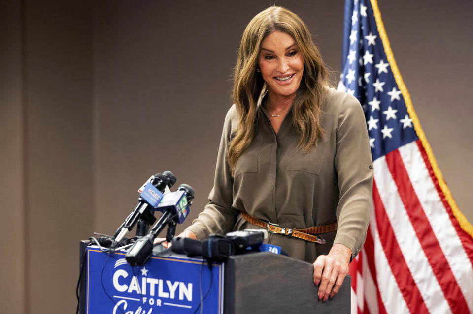 FILE — In this July 9, 2021 file photo Caitlyn Jenner, a Republican candidate for California governor, speaks during a news conference in Sacramento, Calif. Californians will start receiving ballots next month asking if Gov. Gavin Newsom, a Democrat should be recalled and if so, who they want to vote to replace him, Jenner is one of several high-profile Republicans, who are running to replace Newsom. The CAGOP's executive committee will meet Saturday July 24, 2021 and decide whether to let an endorsement move forward. (AP Photo/Noah Berger, File)