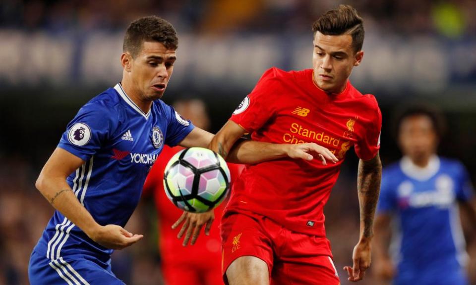 Oscar (left) and Philippe Coutinho in action with Chelsea and Liverpool respectively in 2016.