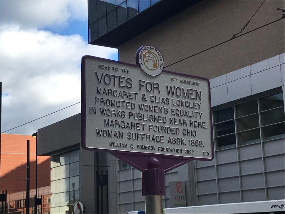 A historical marker for Margaret and Elias Longley was unveiled March 25, 2022, on Walnut Street near Fountain Square as part of the National Votes for Women Trail.