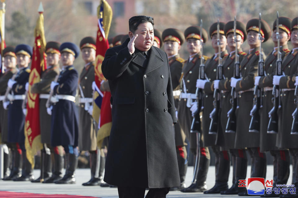 In this photo provided by the North Korean government, its leader Kim Jong Un visits the defense ministry for events to celebrate the 76th founding anniversary of the country's army in North Korea, Thursday, Feb. 8, 2024. Independent journalists were not given access to cover the event depicted in this image distributed by the North Korean government. The content of this image is as provided and cannot be independently verified. Korean language watermark on image as provided by source reads: "KCNA" which is the abbreviation for Korean Central News Agency. (Korean Central News Agency/Korea News Service via AP)