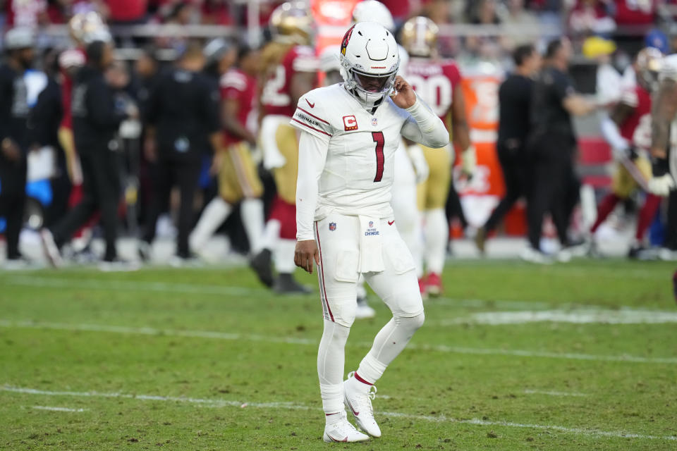 Arizona Cardinals quarterback Kyler Murray walks off the field after throwing an interception during the second half of an NFL football game against the San Francisco 49ers Sunday, Dec. 17, 2023, in Glendale, Ariz. (AP Photo/Ross D. Franklin)