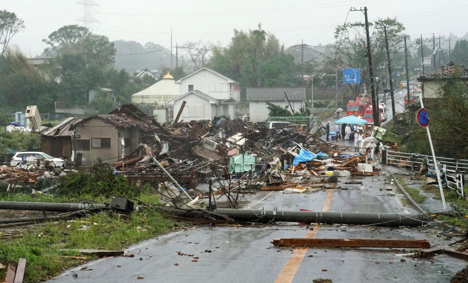 Destroyed houses, cars and power poles, which according to local media were believed to be caused by a tornado, are seen as Typhoon Hagibis approaches the Tokyo area in Ichihara, east of Tokyo, Japan, in this photo taken by Kyodo October 12, 2019.  Mandatory credit Kyodo/via REUTERS ATTENTION EDITORS - THIS IMAGE WAS PROVIDED BY A THIRD PARTY. MANDATORY CREDIT. JAPAN OUT. NO COMMERCIAL OR EDITORIAL SALES IN JAPAN.