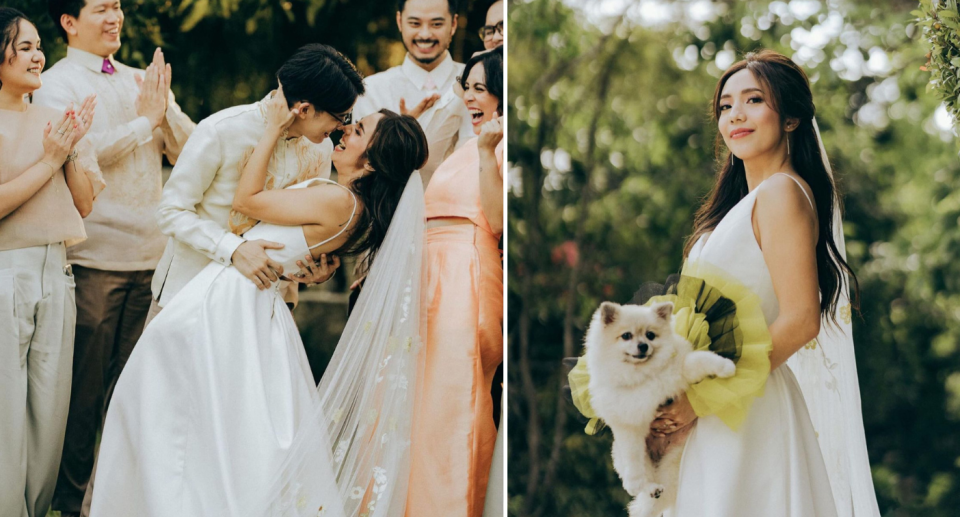 The bride opted to carry her dog instead of traditional flowers down the aisle. Photo: Instagram/@joelleohwell