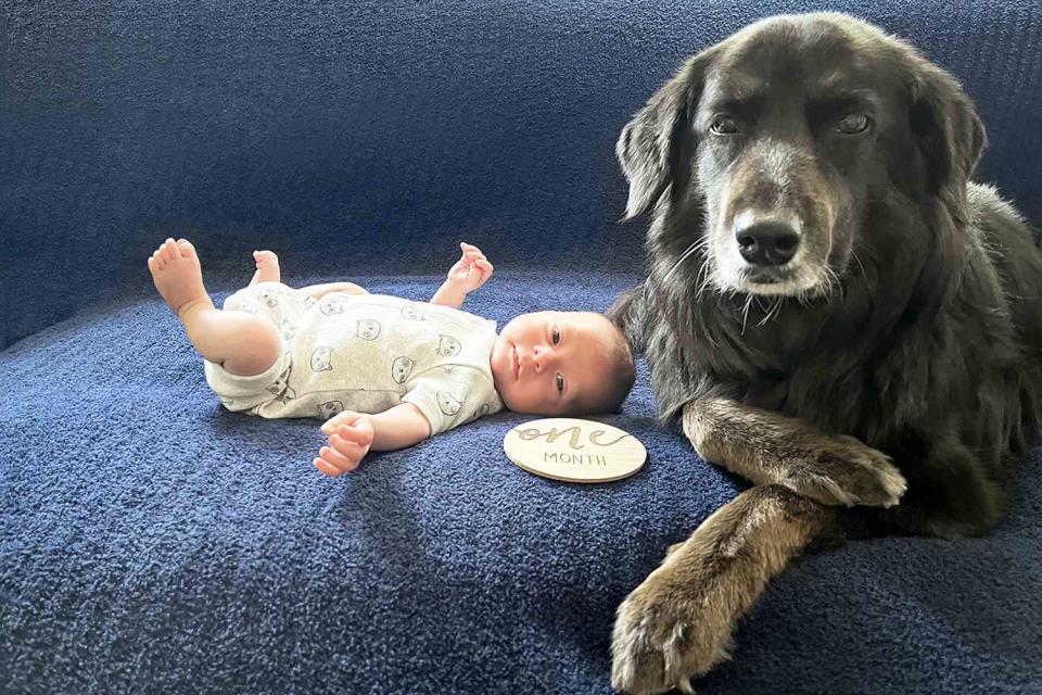 <p>Natalie Reyes Bursky</p> Magita the emotional support dog with her baby brother