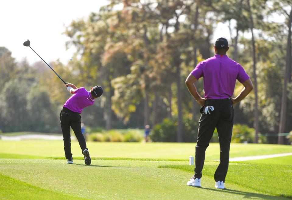 Tiger and Charlie Woods attend the 2020 PNC Championship.