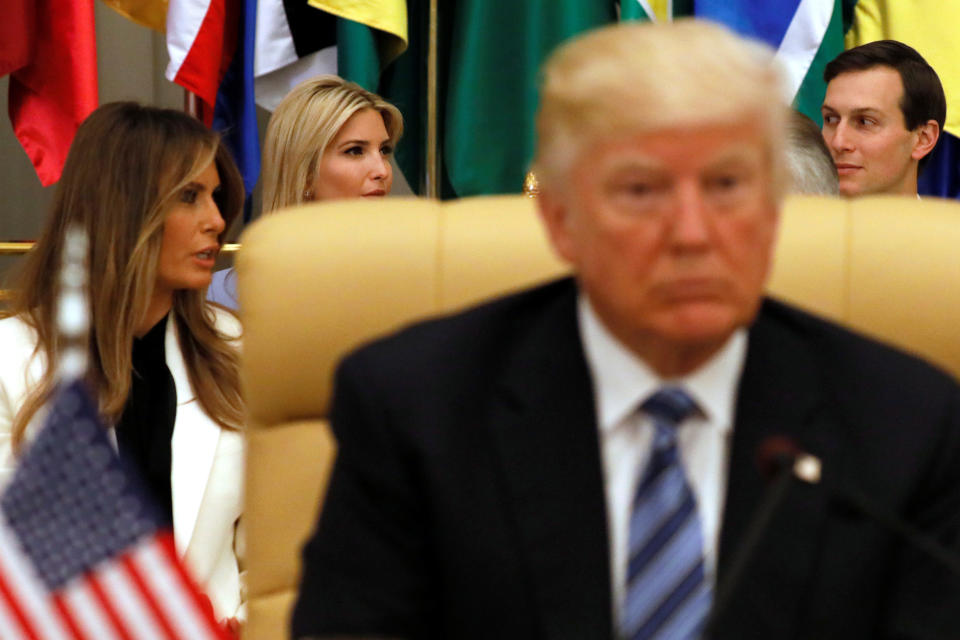 Melania Trump, Ivanka Trump and her husband, White House senior adviser Jared Kushner, sit behind the president shortly before he delivered&nbsp;his remarks to the Arab Islamic American Summit in Riyadh&nbsp;on May 21, 2017.