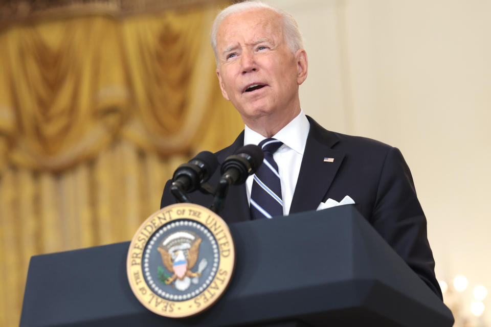 WASHINGTON, DC - AUGUST 18: U.S. President Joe Biden delivers remarks on the COVID-19 response and the vaccination program in the East Room of the White House on August 18, 2021 in Washington, DC. During his remarks, President Biden announced that he is ordering the United States Department of Health and Human Services to require nursing homes to have vaccinated staff in order for them to receive Medicare and Medicaid funding. The President also announced that Americans would be able to receive a third booster shot against Covid-19. (Photo by Anna Moneymaker/Getty Images)