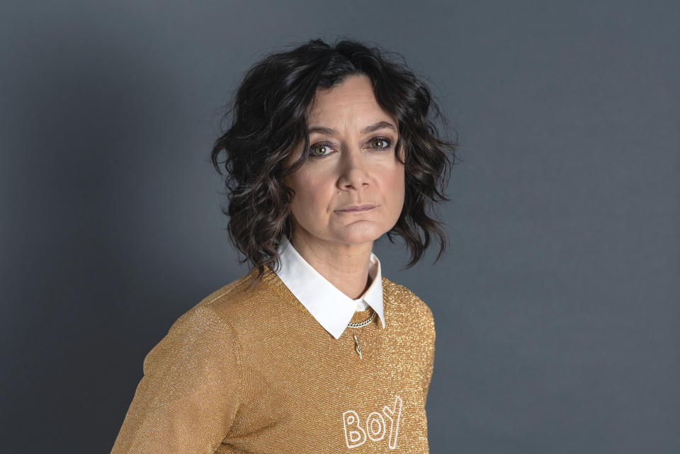 This Sept. 19, 2019 photo shows actress Sara Gilbert, star of the ABC comedy "The Conners," posing for a portrait in New York. Season two premiers Tuesday at 8 p.m. EST. (Photo by Christopher Smith/Invision/AP)