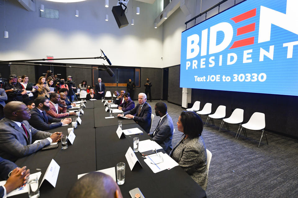Former Vice President and 2020 Democratic presidential candidate Joe Biden visits with an assembly of Southern black mayors Thursday, Nov. 21, 2019 in Atlanta. (AP Photo/John Amis)