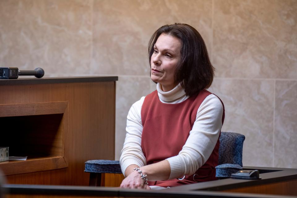 Heather Calcaterra, manager of Oakland County Children's Village, is questioned from the witness stand during a placement hearing for Ethan Crumbley at Oakland County circuit court in Pontiac, Mich., on Feb. 22, 2022, over the teen's placement as he awaits trial. Crumbley, 15, is charged with the fatal shooting of four fellow students and the wounding of seven others, including a teacher at Oxford High School on Nov. 30.