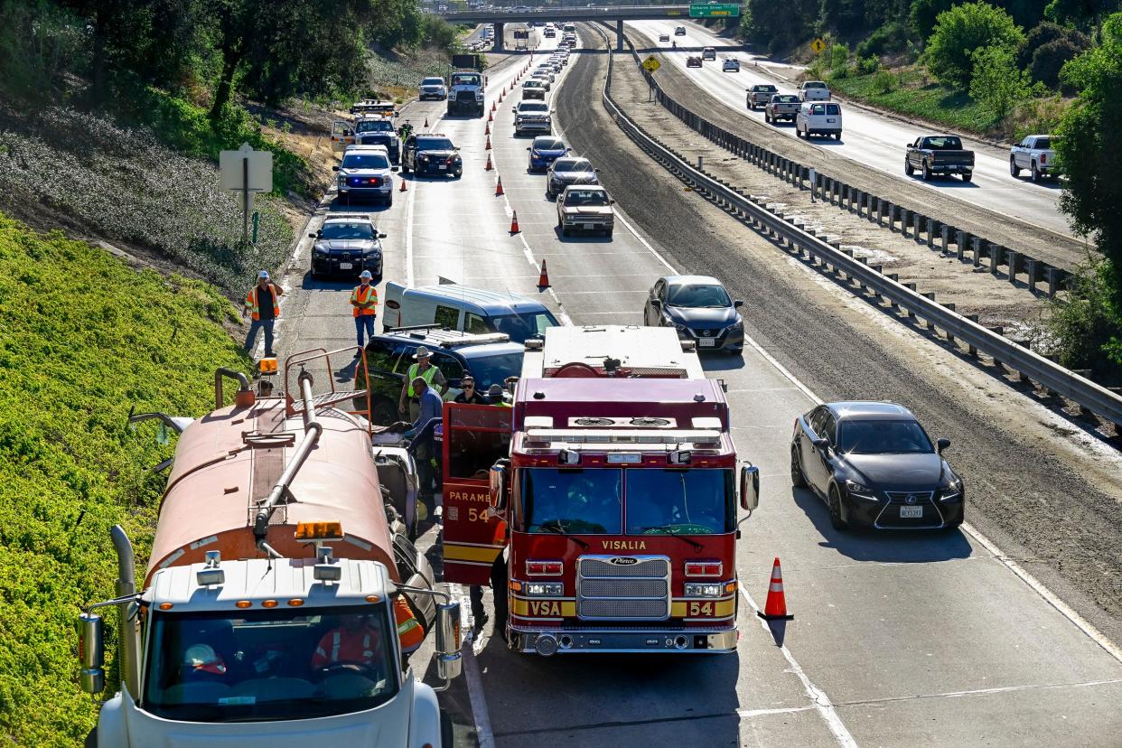 Traffic on eastbound 198 slows Tuesday, June 28 as emergency crews work a collision that killed a woman on highway 198 just before 4 p.m. The Toyota Corolla she was driving collided with the rear of a parked water truck operated by Cal Trans. There were no other injuries reported. Eastbound traffic was limited to one lane during rush hour but CHP expected to have both lanes open within two hours after on-scene investigation efforts were complete. The woman was not identified pending notification of family.