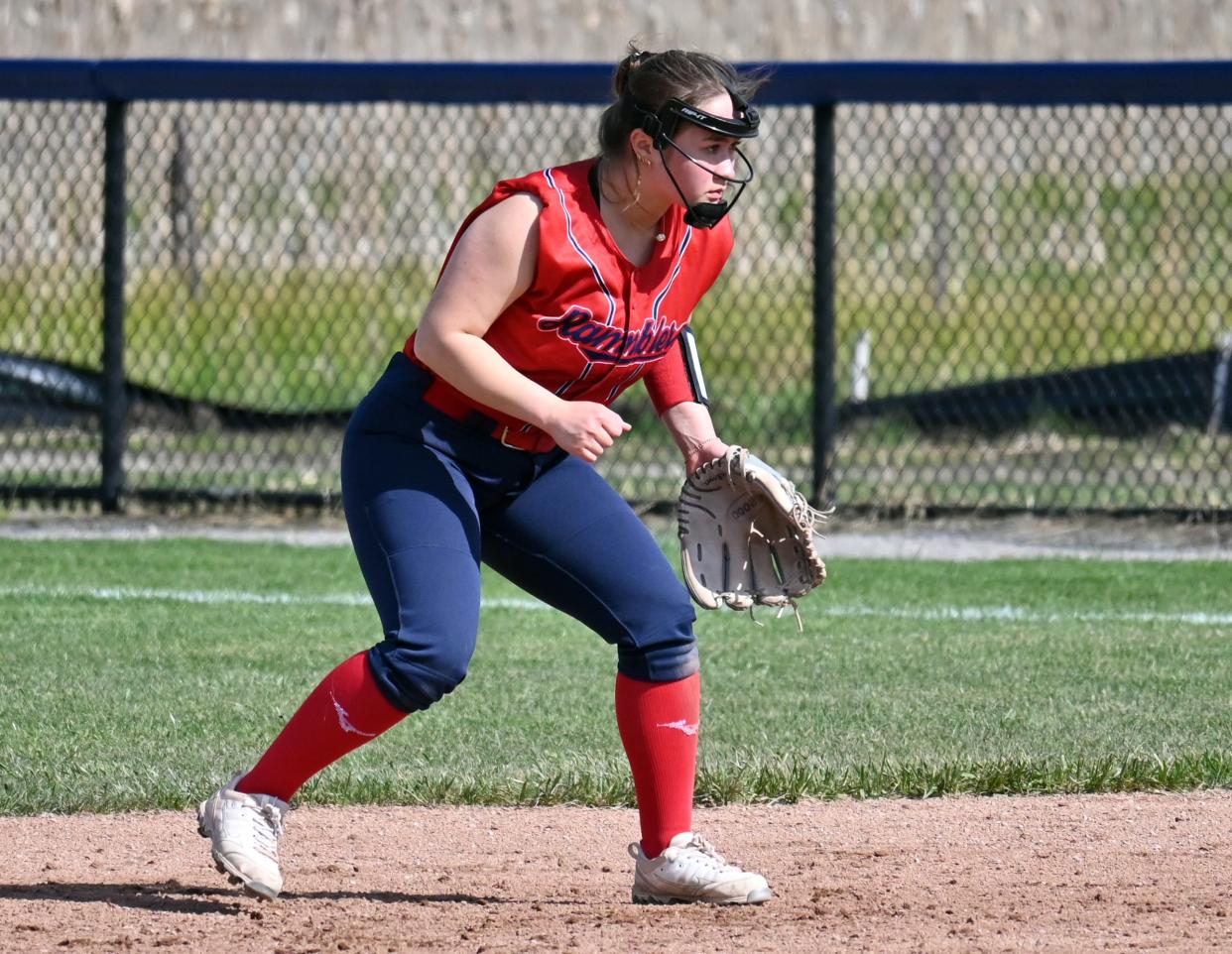 Boyne City's Lucy Uy sets up defensively at second base late in the opener against Petoskey on Thursday.