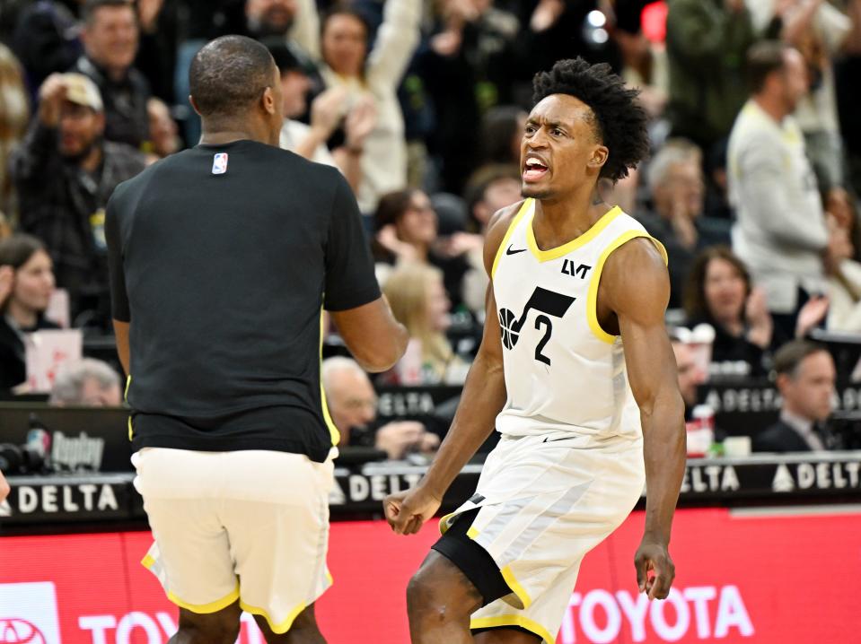 Utah Jazz guard Collin Sexton (2) celebrates after a dunk as the Utah and Los Angeles Lakers play at the Delta Center in Salt Lake City on Saturday, Jan. 13, 2024. Utah won 132-125. | Scott G Winterton, Deseret News