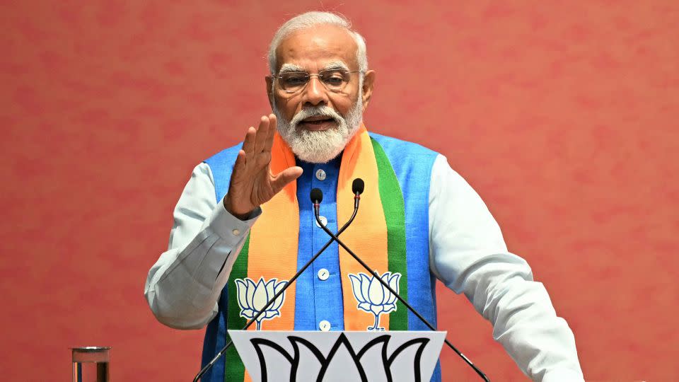 Narendra Modi speaks after releasing the Bharatiya Janata Party's (BJP) manifesto in New Delhi on April 14, 2024. - Sajjad Hussain/AFP/Getty Images