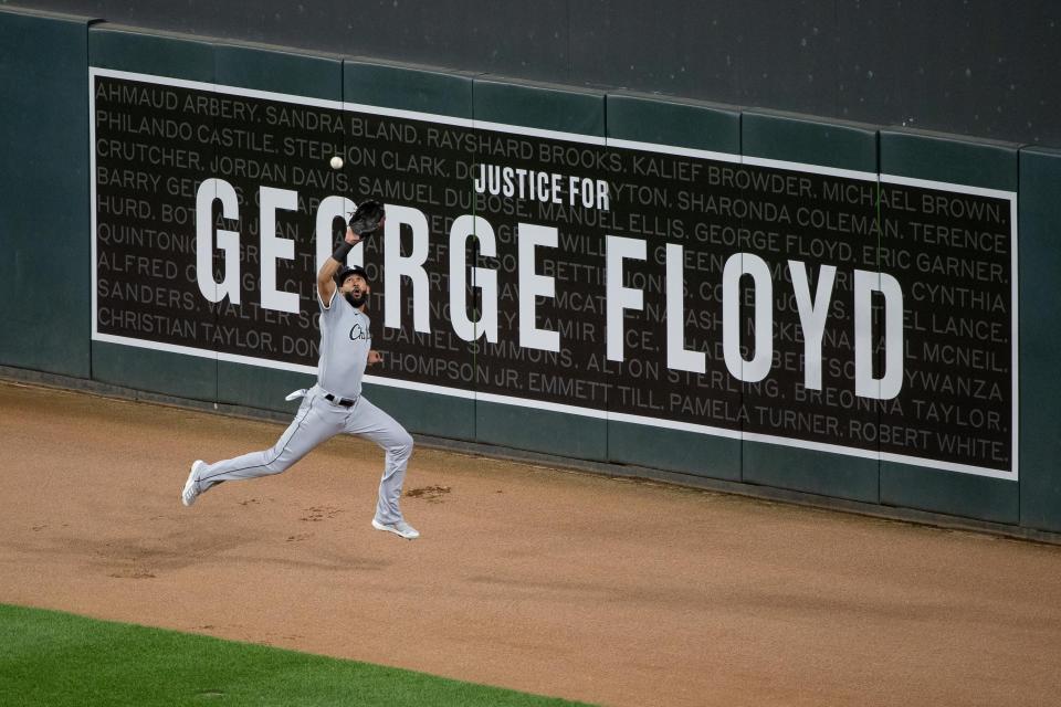 Aug. 31: Chicago White Sox right fielder Nomar Mazara makes the catch for an out during the ninth inning against the Minnesota Twins at Target Field.