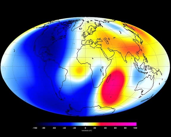 Changes measured by the Swarm satellite over the past 6 months shows that Earth's magnetic field is changing. Shades of red show areas where it is strengthening, and shades of blue show areas that are weakening.