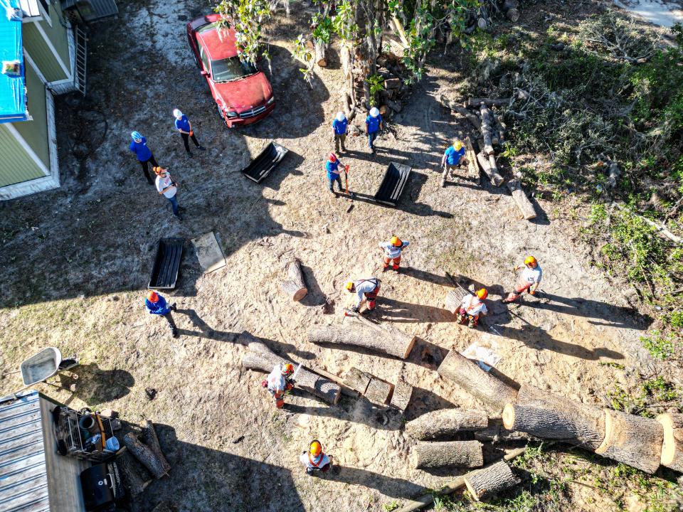 Team Rubicon volunteers remove downed trees in Florida’s Big Bend region, which was hit by Hurricane Idalia in August.