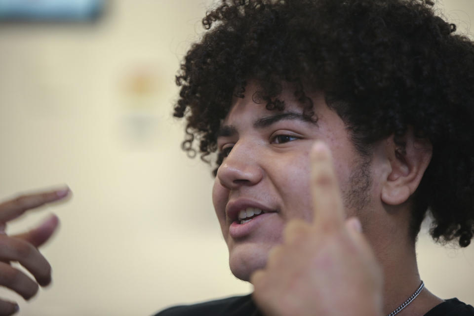 Steven Ramos, 16, speaks about the Bridge to Calculus summer program at Northeastern University in Boston on Tuesday, Aug. 1, 2023. “It’s a struggle. It’s constant thinking,” says Ramos who said he plans to become a computer or electrical engineer instead of following his brother and other relatives into construction work. (AP Photo/Reba Saldanha)