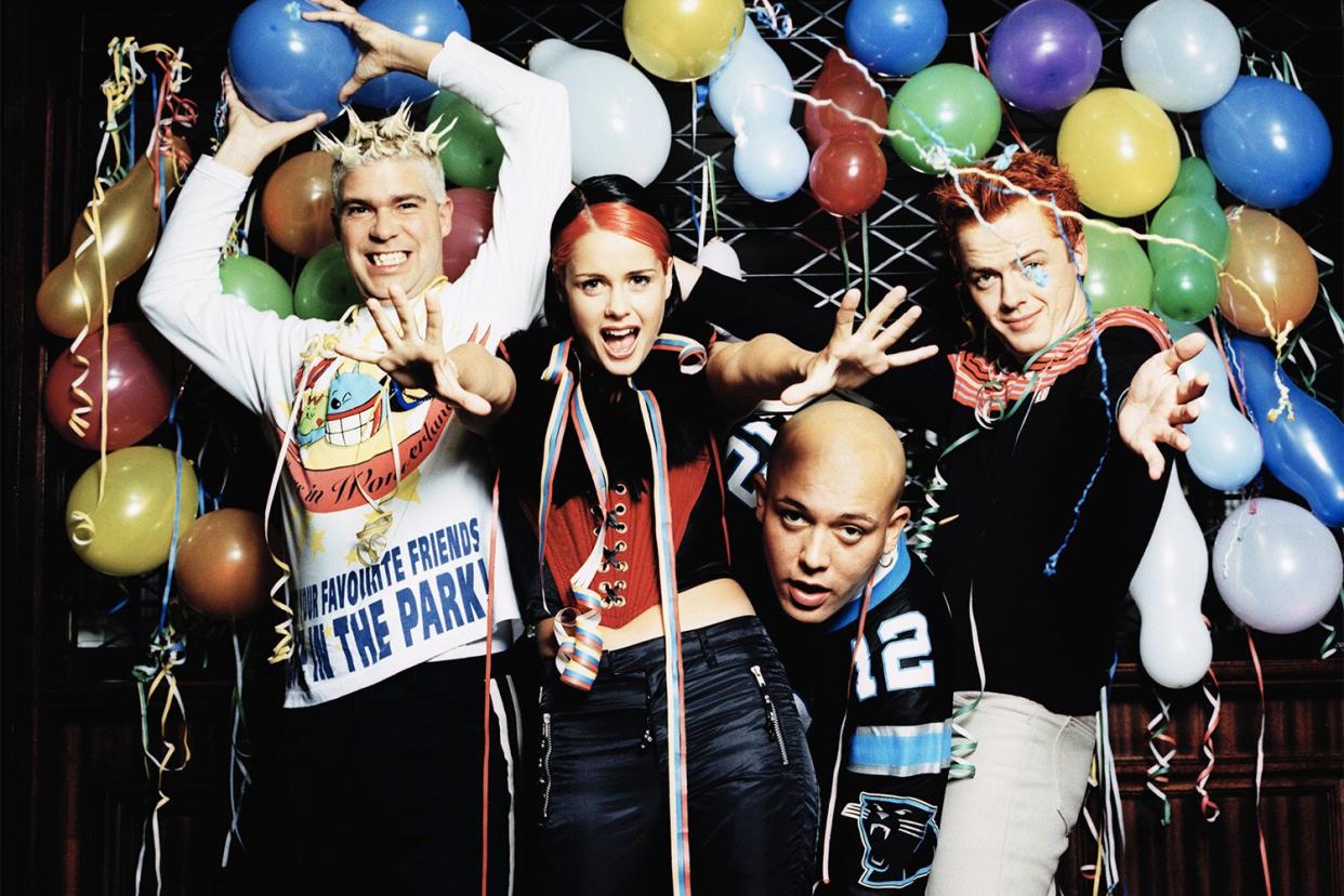 Danish-Norwegian pop group Aqua, 17th October 1997. From left to right, they are guitarist Soren Rasted, vocalists Lene Nystrom and Rene Dif, and keyboardist Claus Norreen. (Photo by Tim Roney/Getty Images)