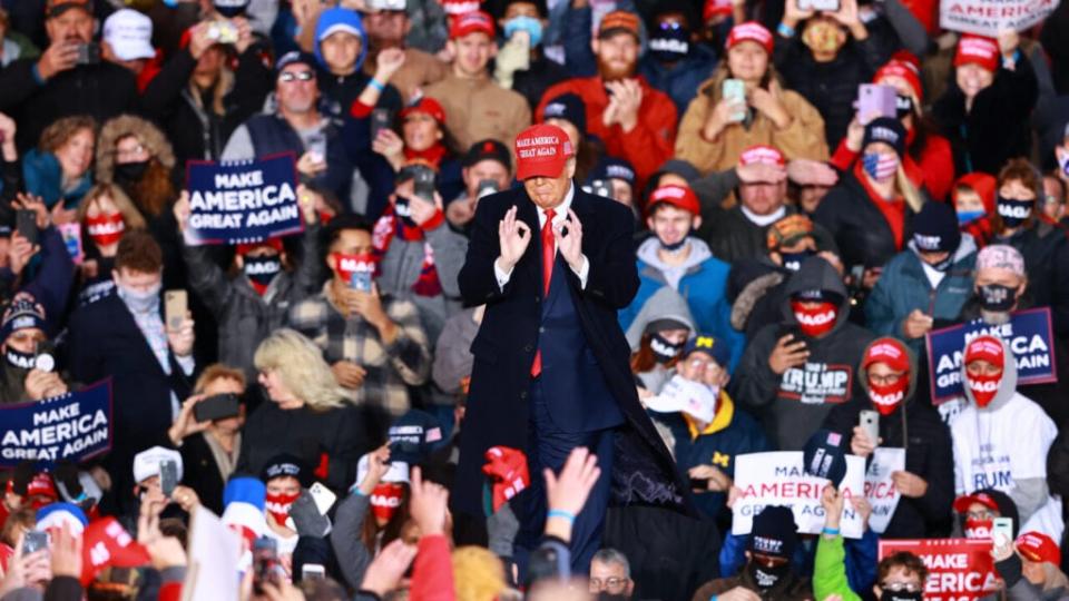 U.S. President Donald Trump gestures during a campaign rally on October 17, 2020 in Muskegon, Michigan. (Photo by Rey Del Rio/Getty Images)