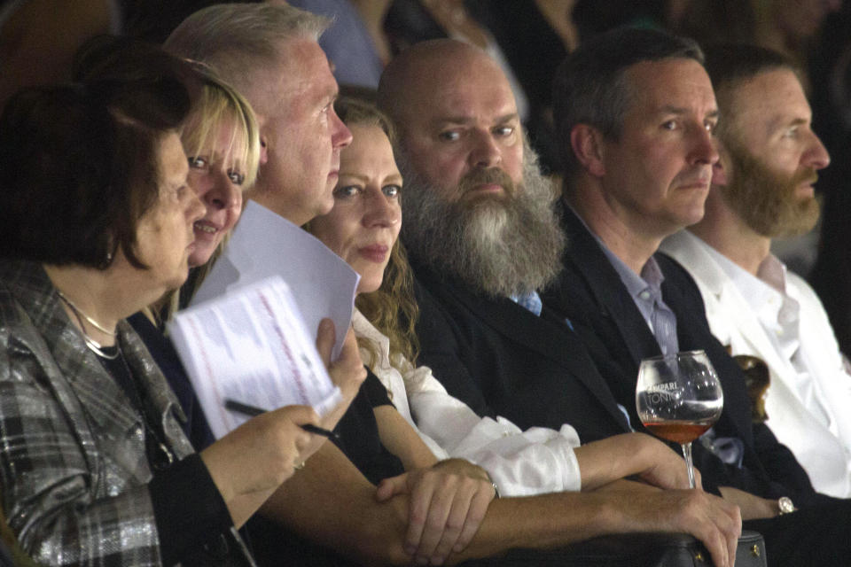 The "Antwerp Six", from right, Dirk Van Saene, Dries Van Noten, Walter Van Beirendonck, Ann Demeulemeester, Dirk Bikkembergs and Marina Yee during the annual fashion show of the Royal Museum of Fine Arts in Antwerp, Belgium on Friday, June 14, 2013. Belgian designer Dries Van Noten said Tuesday, March 19, 2024 that he will step down as creative director of his namesake brand at the end of June. As Antwerp developed a reputation of Europe's capital of cool, Van Noten emerged as a major creative force as part of "The Antwerp Six." (AP Photo/Virginia Mayo, File)