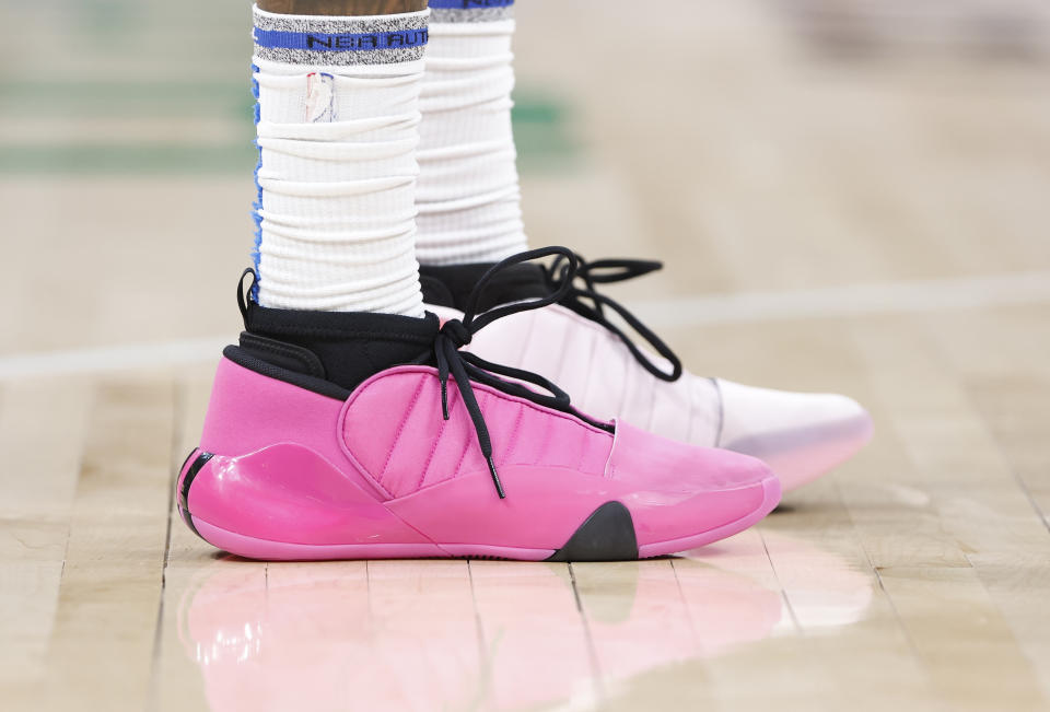 Dec 18, 2023; Oklahoma City, Oklahoma, USA; A close up view of Oklahoma City Thunder forward Jalen Williams (8) shoes during the second quarter against the Memphis Grizzlies at Paycom Center. Mandatory Credit: Alonzo Adams-USA TODAY Sports