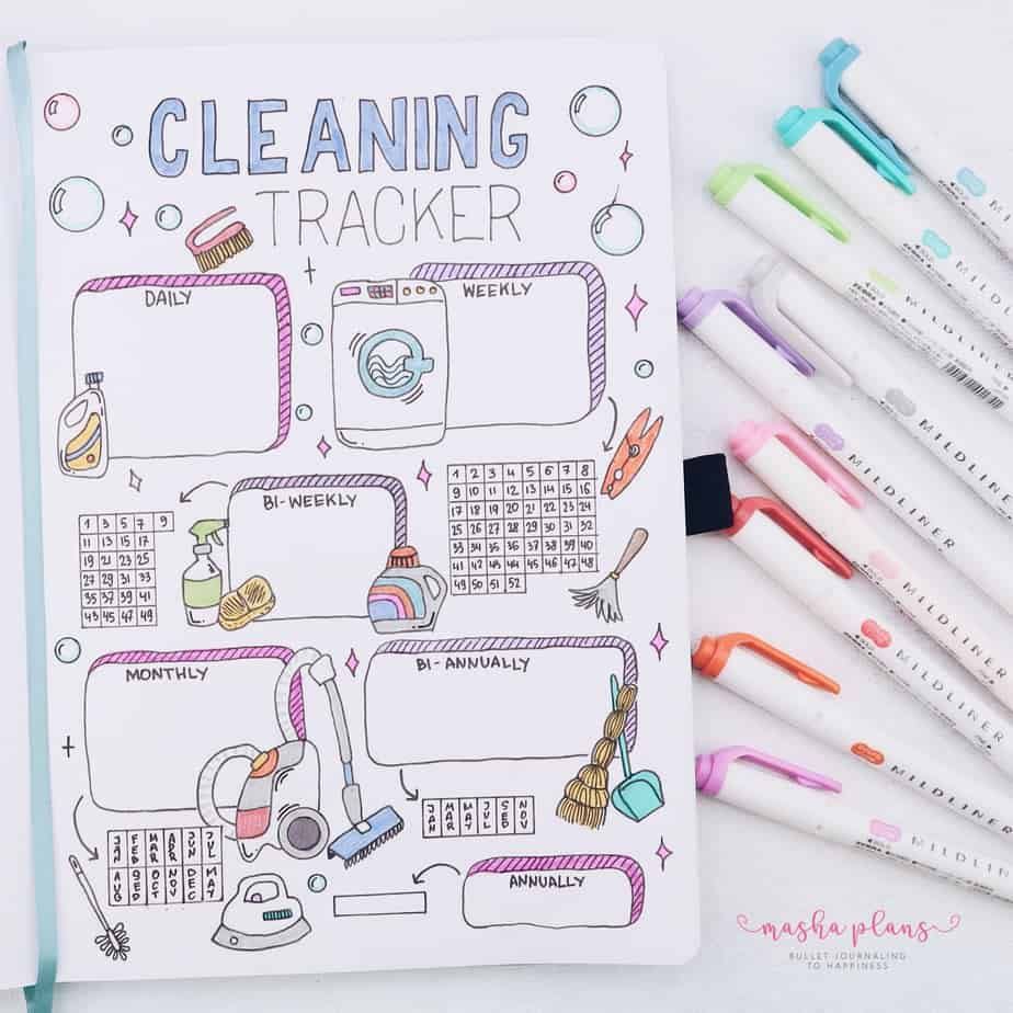 <p>Think of this <a href="https://mashaplans.com/bullet-journal-ideas-spring-cleaning/" rel="nofollow noopener" target="_blank" data-ylk="slk:cleaning page;elm:context_link;itc:0;sec:content-canvas" class="link ">cleaning page</a> from Masha Plans as your motivation to actually do those hated chores on a regular basis. Since you can break it up into segments for daily, weekly, and other <a href="https://www.goodhousekeeping.com/home/cleaning/g3221/things-you-should-clean-every-day/" rel="nofollow noopener" target="_blank" data-ylk="slk:regularly occurring chores;elm:context_link;itc:0;sec:content-canvas" class="link ">regularly occurring chores</a>, it helps keep you accountable for even those infrequent tasks like cleaning the oven or dusting light fixtures. </p>