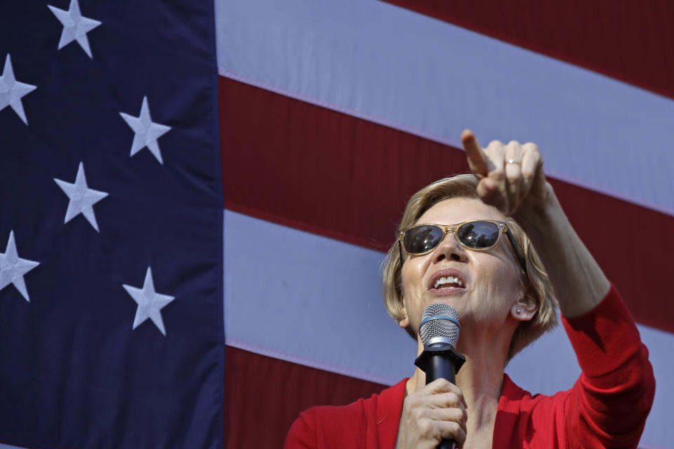 Democratic presidential candidate Sen. Elizabeth Warren, D-Mass., speaks at a campaign event at Dartmouth College, Thursday, Oct. 24, 2019, in Hanover, N.H. (AP Photo/Elise Amendola)