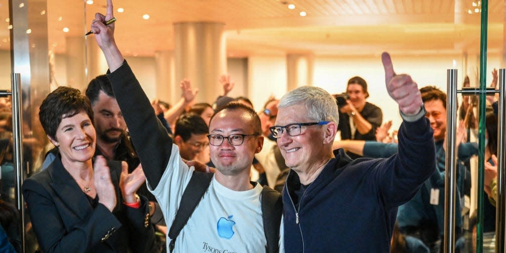 Apple CEO Tim Cook at the opening of Shanghai's new Apple retail store in Shanghai on March 21, 2024.