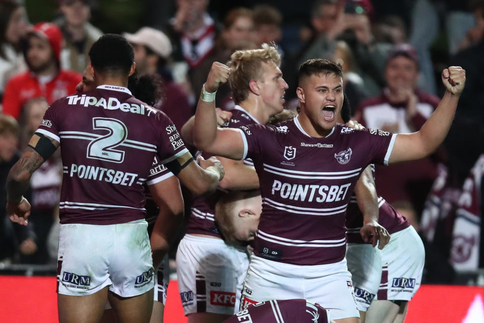 SYDNEY, AUSTRALIA - JULY 02: Josh Schuster of the Sea Eagles celebrate victory following the round 18 NRL match between Manly Sea Eagles and Sydney Roosters at 4 Pines Park on July 02, 2023 in Sydney, Australia. (Photo by Jason McCawley/Getty Images)