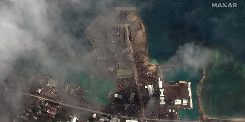 Main port facilities in Tonga's capital, Nuku'alofa, after a volcano erupted on January 15, 2022.