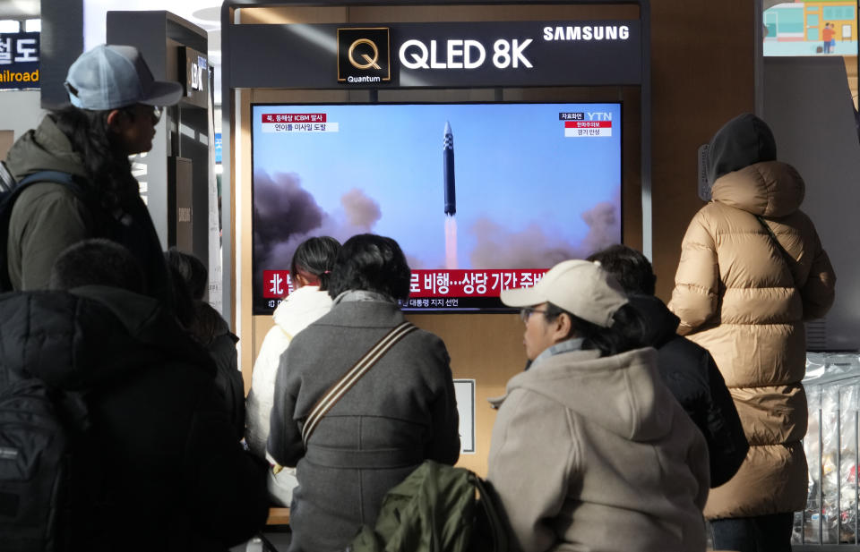 A TV screen shows a file image of North Korea's missile launch during a news program at the Seoul Railway Station in Seoul, South Korea, Monday, Dec. 18, 2023. North Korea fired an intercontinental ballistic missile into the sea Monday in a resumption of its high-profile weapons testing activities, its neighbors said, as the North vows strong responses against U.S. and South Korean moves to boost their nuclear deterrence plans. (AP Photo/Ahn Young-joon)