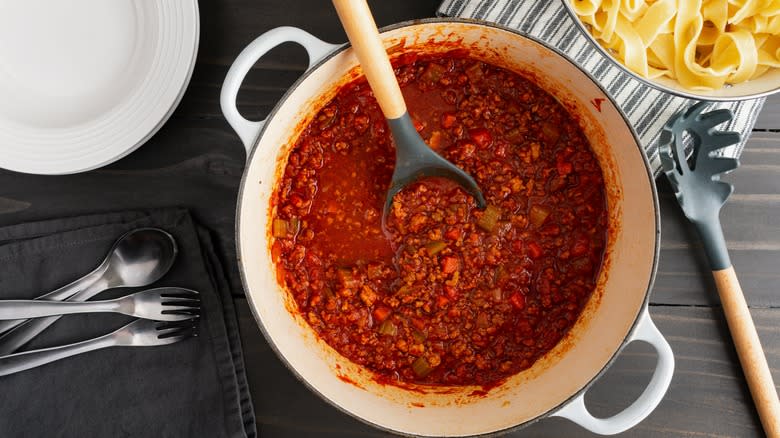 meat sauce in an enameled pot