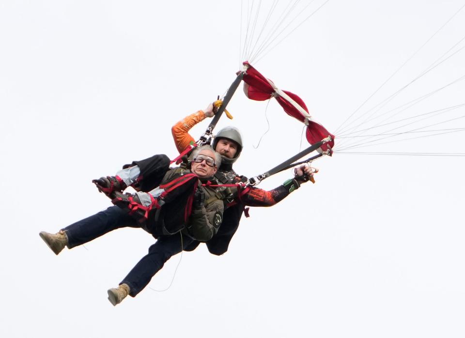 Gov. Greg Abbott skydives at Skydive Spaceland in Fentress on Monday November 27, 2023.