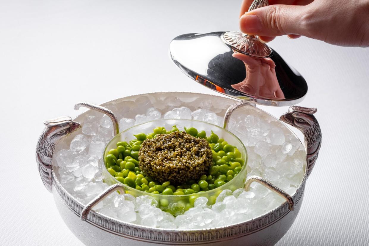 Tonburi with pea cream and baby lettuce at the Eleven Madison Park restaurant in New York