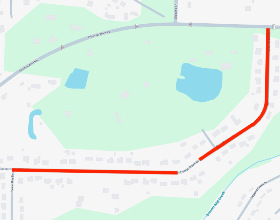 The portion of Forest Creek Drive affected by the utility upgrades is highlighted in red. (Graphic courtesy of Santa Rosa County)