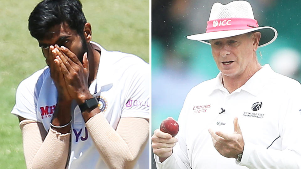 Jasprit Bumrah petulantly knocking the bails from the wicket as he walked back to his mark drew an amusing but unhappy reaction from umpire Paul Reiffel. Pictures: Getty Images