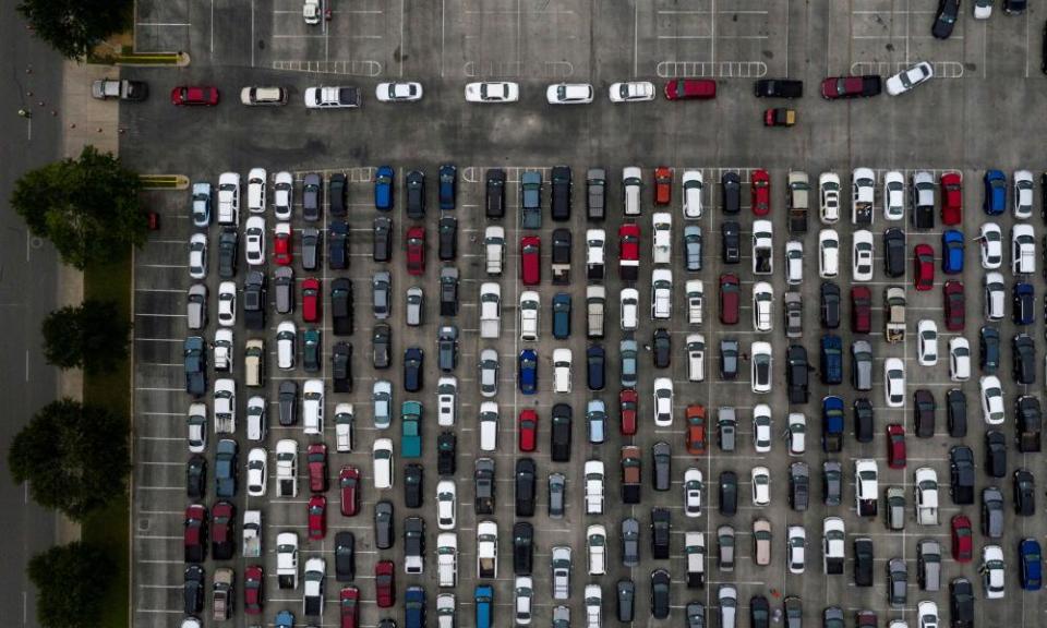 Hundreds of residents line-up in their vehicles as they await their turn to collect groceries from the San Antonio Food Bank in Texas on April 17th.