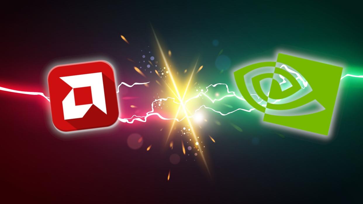  The Nvidia and AMD logos clashing with lightning bolts around them. 