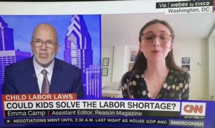 Two people in a split-screen interview on CNN, one male host and female guest, Emma Camp, discussing child labor laws