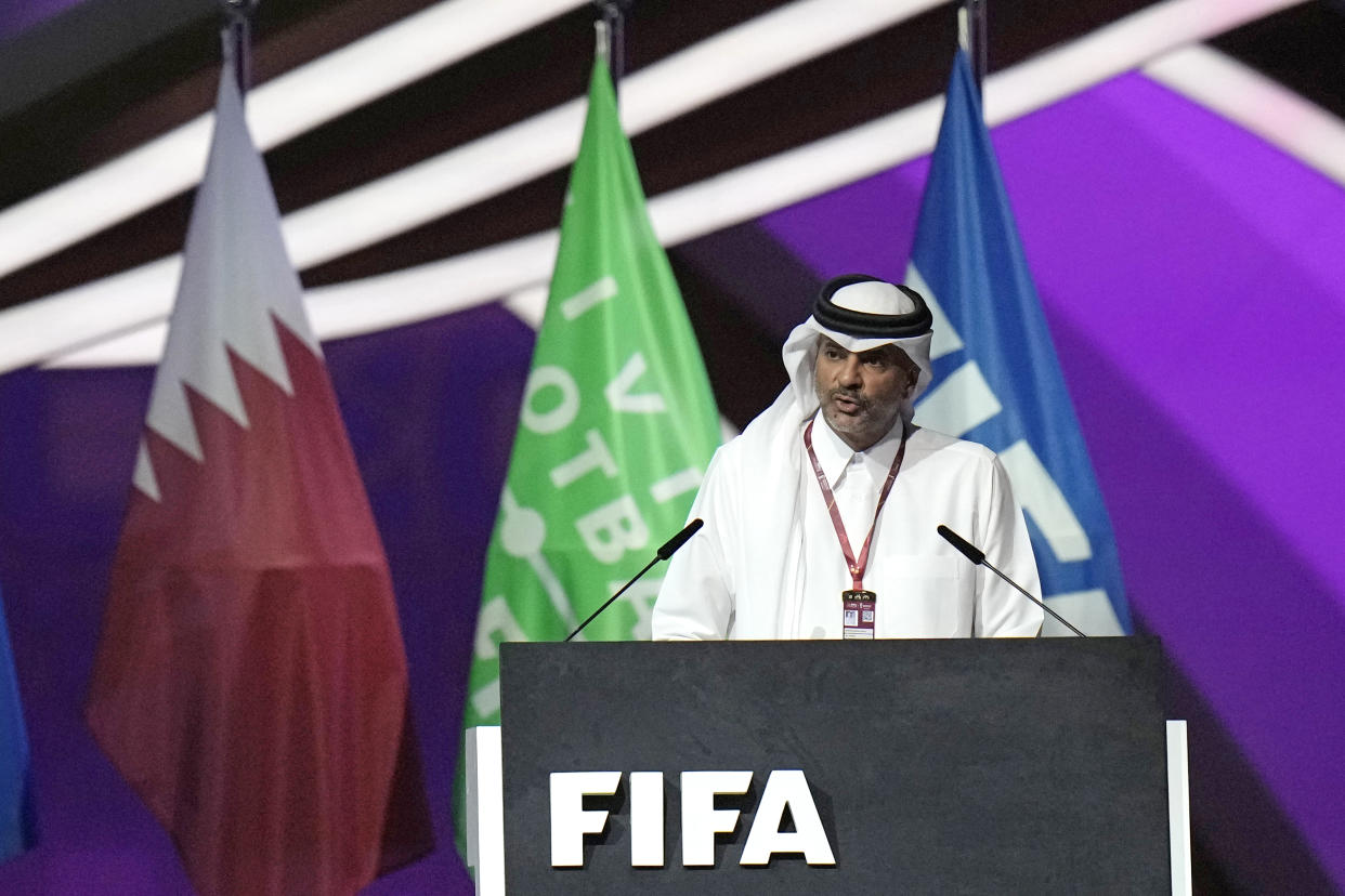 Prime Minister of the State of Qatar, Khalid Bin Khalifa Bin Abdulaziz Al Thani, speaks during the FIFA congress at the Doha Exhibition and Convention Center in Doha, Qatar, Thursday, March 31, 2022. (AP Photo/Hassan Ammar)