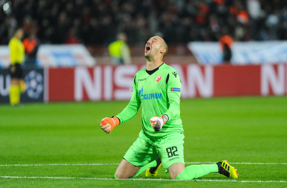 Red Star keeper Milan Borjan celebrates as they shock Liverpool