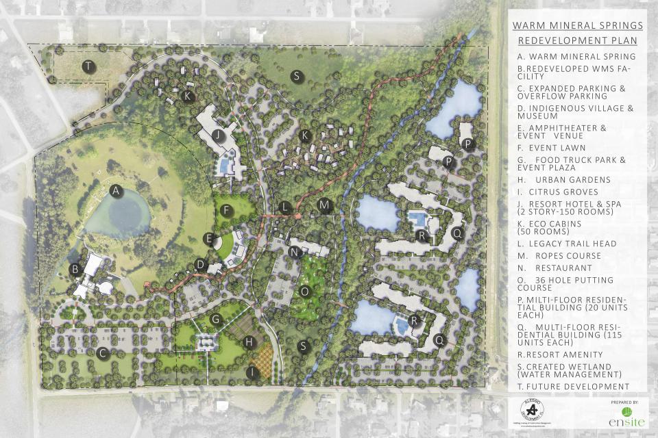 The latest development proposal from WMS Development Group for the 61.4-acres of park land decreases the size of a proposed hotel and number of condominiums. The two-story, 150-unit hotel would be 100 feet farther away from the actual springs and the 277 condominiums would be moved to the eastern edge of the property. Fifty eco cabins would also be located among the walking trails.