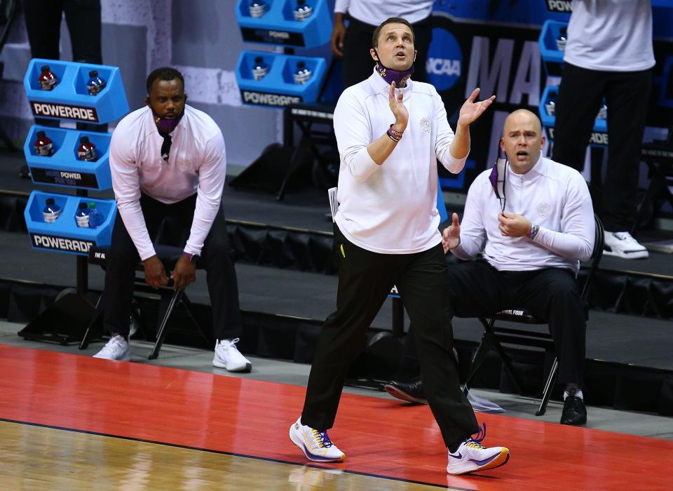 LSU men's basketball coach Will Wade cheers the Tigers during their win over St. Bonaventure in the opening round of the NCAA Tournament.